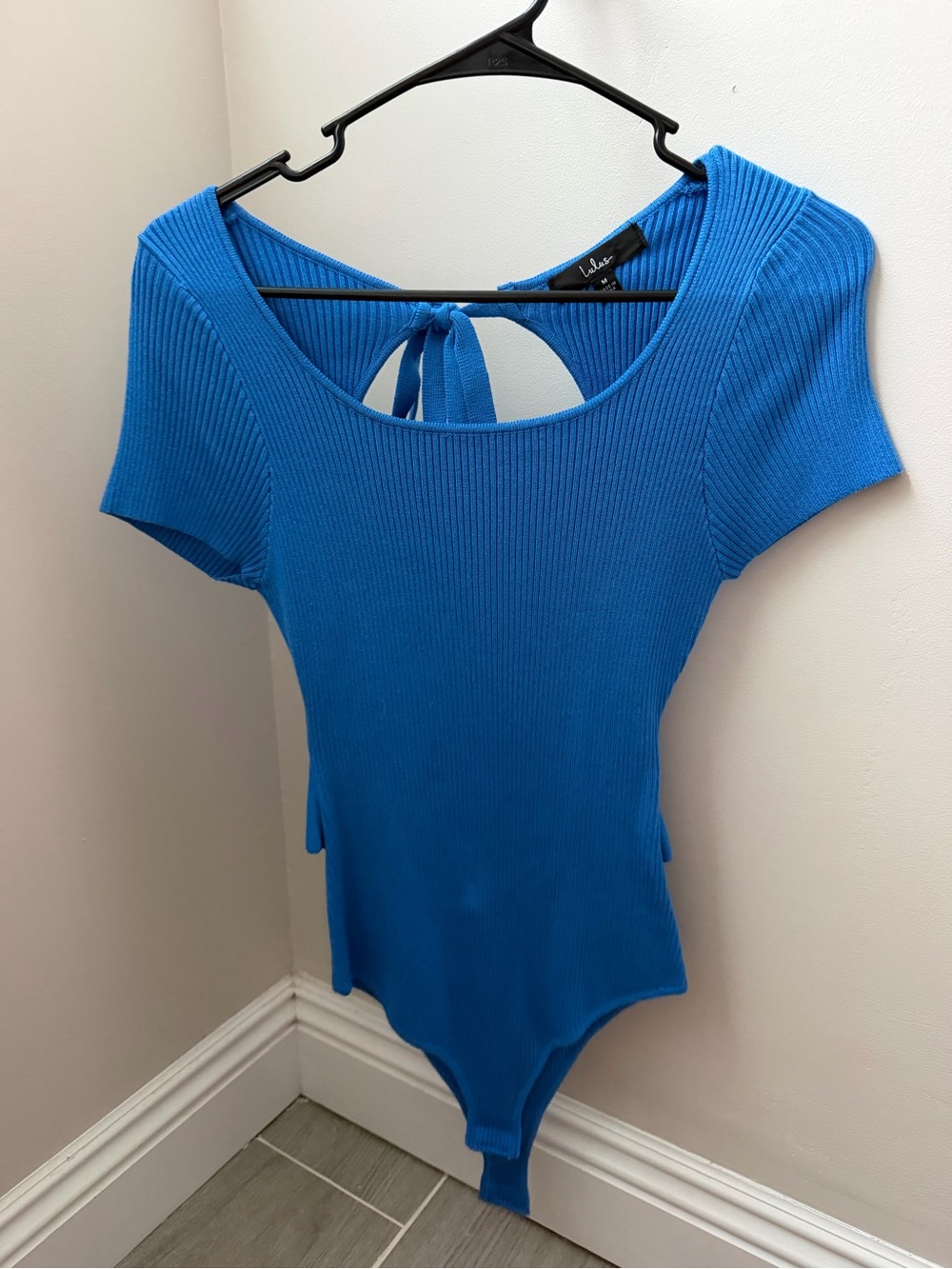 Lulu's Bright Blue Ribbed Scoop-Neck Short Sleeve Bodysuit with Back Tie